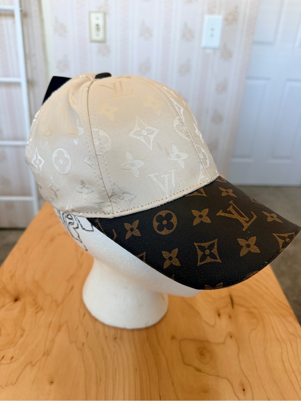 Designer Inspired Two-Tone Monogram Cap - Cream & Brown Unisex OS Adjustable - Picture 2 of 10